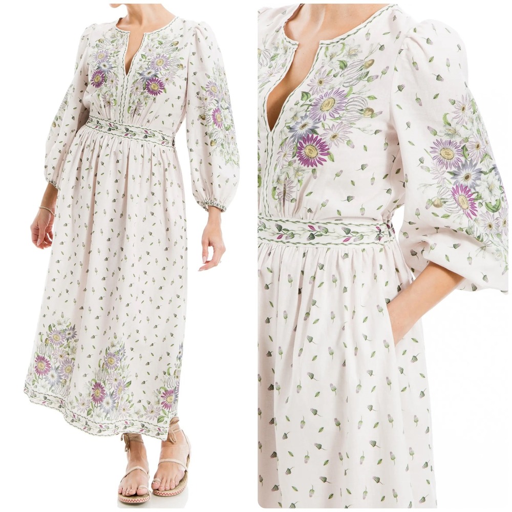 Max Studio Womens Floral Linen Blend Cottagecore Boho Garden Party Midi Dress L